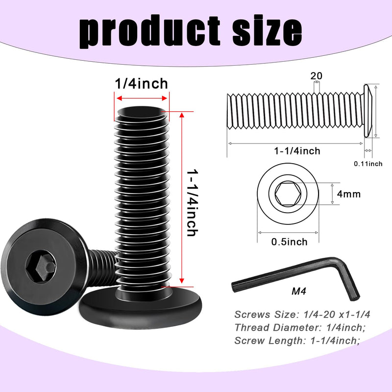 Taiss 30pcs 1/4-20 x 1-1/4" Flat Head Socket Head Screw Furniture Bolts Stainless Steel 18-8(304),Black Zinc Plated Fully Threaded, Countersunk Connector Screws with Hex Spanner 1/4-20 x 1-1/4"