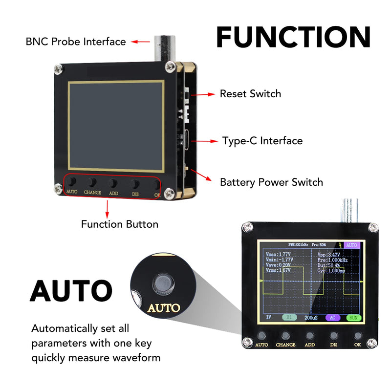 138Pro Mini Handheld Digital Oscilloscope Kit, 2.5MS/s High Sampling Rate, 200KHz Bandwidth, 2.4” LCD Screen Pocket Oscilloscopes with 10X Probe
