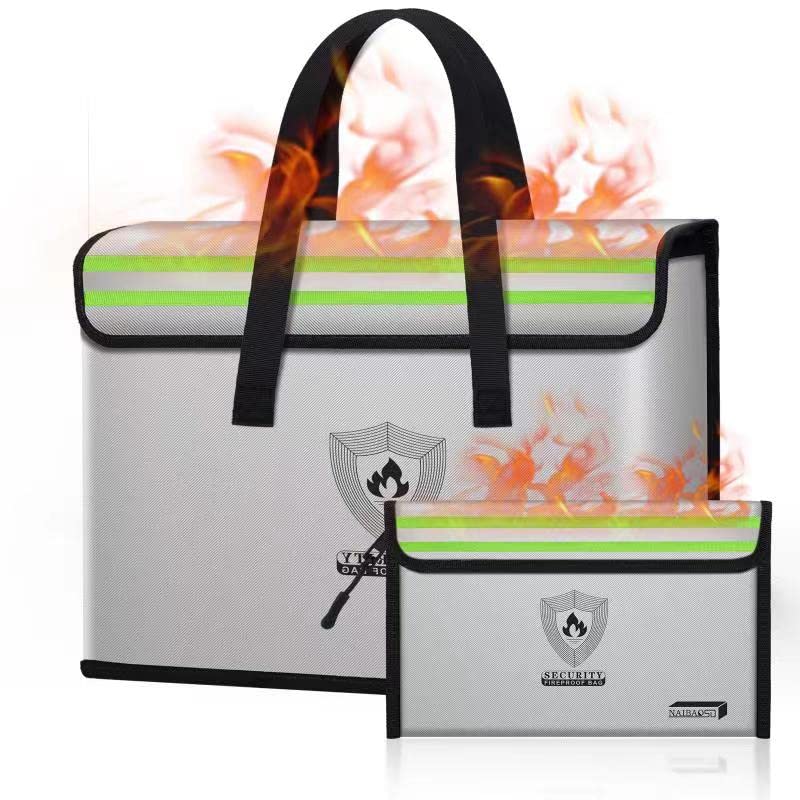 Fireproof Document Box (16"x 12" x 5") Silicone Coated with Shoulder Strap and Zipper Closure, Fireproof Money Bag (8.75"x6.0") for Cash, Coin, Credit Cards, Passport, and other Valuables GREY