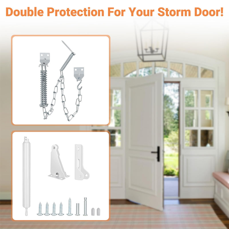 Storm Door Closer, White Heavy Duty Screen Door Closers with Protector Chains Spring, Compatible with Andersen/Emco/Larson/40201 (Closer and Chain, 1 Pack(White)) Closer and chain 1 Pack(White)