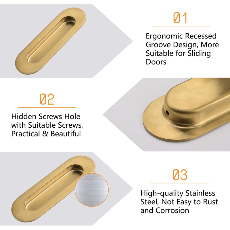 MOROBOR 6Pcs Stainless Steel Side Hole Flush Pull, Oval Embedded Sliding Door Handle Recessed Finger Pulls with Hidden Screws for Drawer Cupboard Wardrobe/Brushed Gold Brushed Gold-6PCS