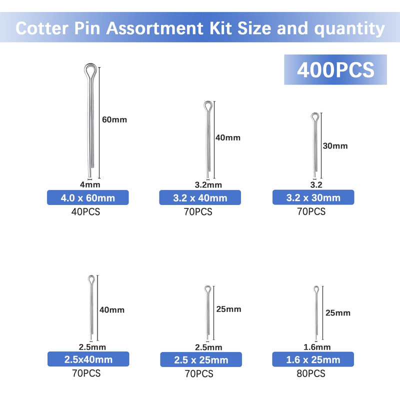 Cotter Pin Assortment, 400 PCS Hairpin Cotter Pins, Split Pin Fastener Clips, Straight Hairpins, Holds Pins or Castle Nuts in Place (Zinc Plated Steel) 400PCS Hairpin Cotter Pins