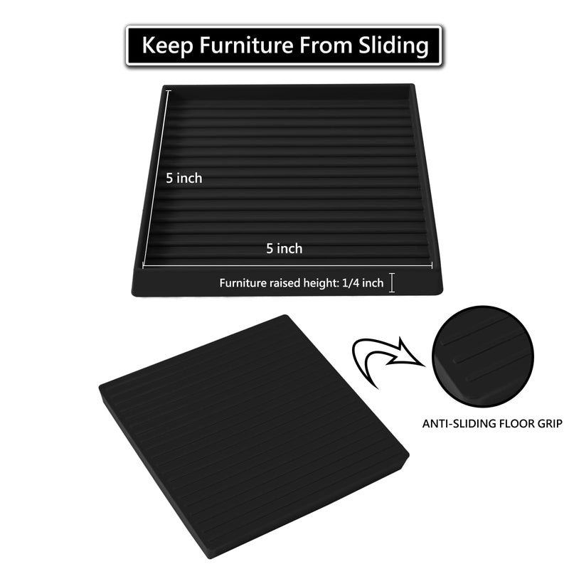 5x5 Square Rubber Furniture Caster Cups, Anti-Sliding Furniture Pads Bed Stopper Floor Protectors with Grip - Protect Any Flooring 5"x5" 4 Pcs Black