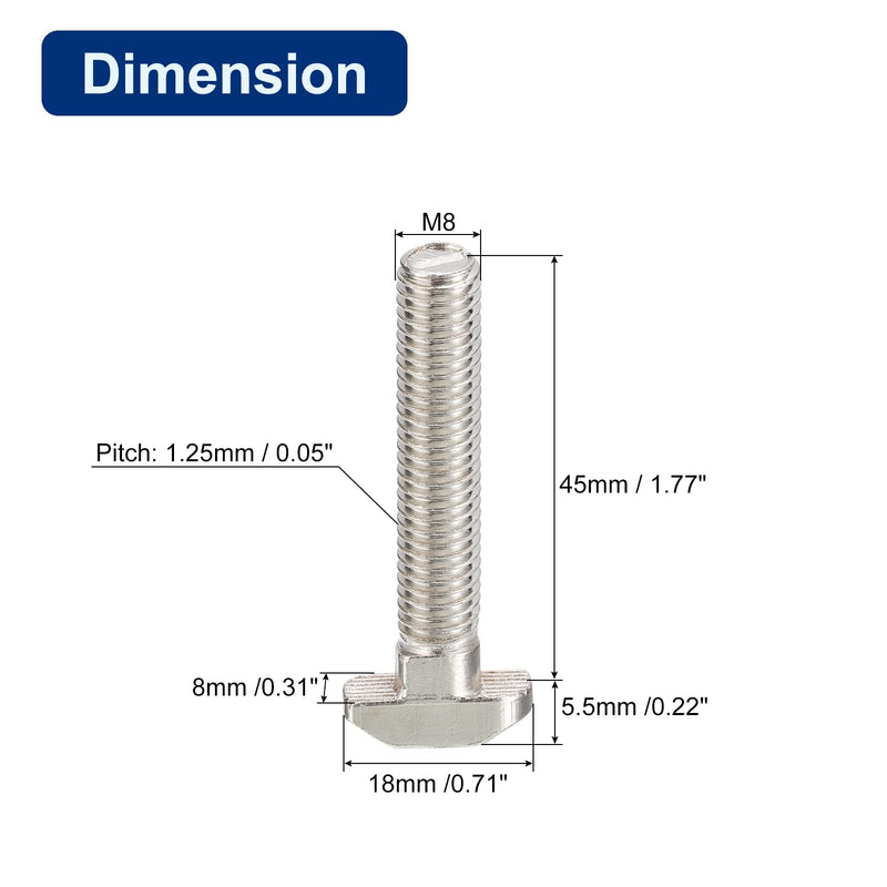 uxcell M8x45mm T Slot Drop-in Bolt, 15pcs Hammer Head T-Bolt T Shape Stud Sliding Screw for European Standard 40 Series Aluminum Profile 15