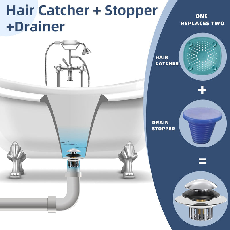 Universal Tub Stopper Bathtub Drain, Drain Hair Catcher and Cover, Pop Up Tub Stopper Bathtub Drain Plug Cover Replaces Bath Tub Lift and Turn, Tip-Toe and Trip Lever Bathtub Drains (Silver) Silver