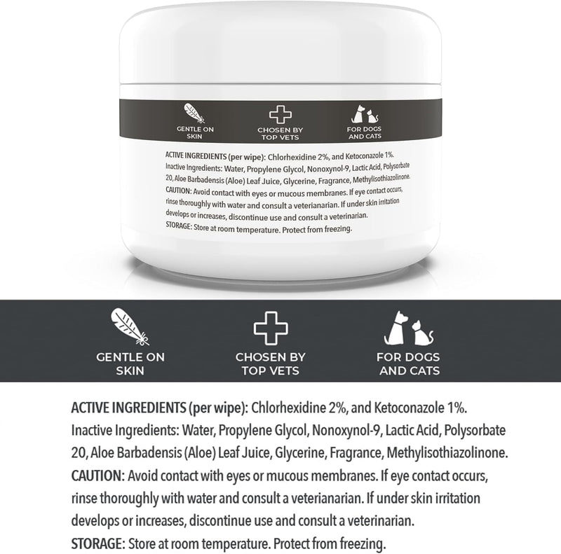 Advanced+ Medicated Antibacterial & Antifungal Wipe For Dogs & Cats – Contains Ketoconazole & Chlorhexidine - Dog Skin Yeast Infection Treatment - For Ringworm, Pyoderma, Bacteria & Fungus. 50 pads 1 x 50 Wipes