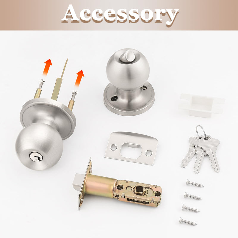 Probrico（3 Pack Entry Door Knob Keyed Alike,Satin Nickel Finish Door Lock Handle,Entry Door Lock/Ball Door knobs with Lock and Same Key,Entrance Knob[Lock with 3 Combo Keys] for Office or Front Door Satin Nickel