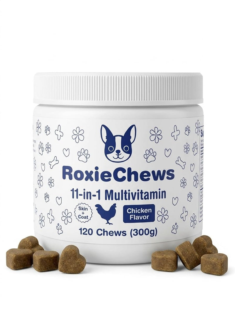 11-in-1 Dog Multivitamin Chews | Hip & Joint Support, Skin & Coat, Immune, Digestive & Heart Health | Chicken Flavor Supplement for Dogs | 120 Soft Chews, 300g