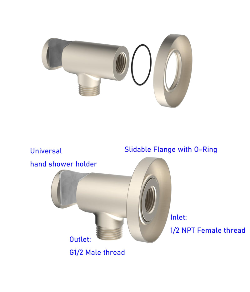 Wall Supply Elbow with O-Ring Flange, Tapered 1/2 NPT Female Inlet, Solid Brass Wall Union With Handshower Holder, Round Wall Supply Elbow With Handheld Shower Head Bracket, Nickel Brushed PVD