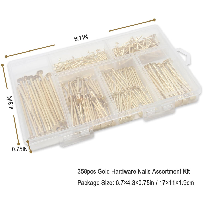 6 Sizes Gold Hardware Nails Assortment Kit, 358pcs, Brass Plated, Nails for Hanging Pictures, Finishing Nails, Wood Nails, Wall Nails for Hanging (3”, 2”, 1-1/2”, 1-1/4", 1”, 3/4") 358