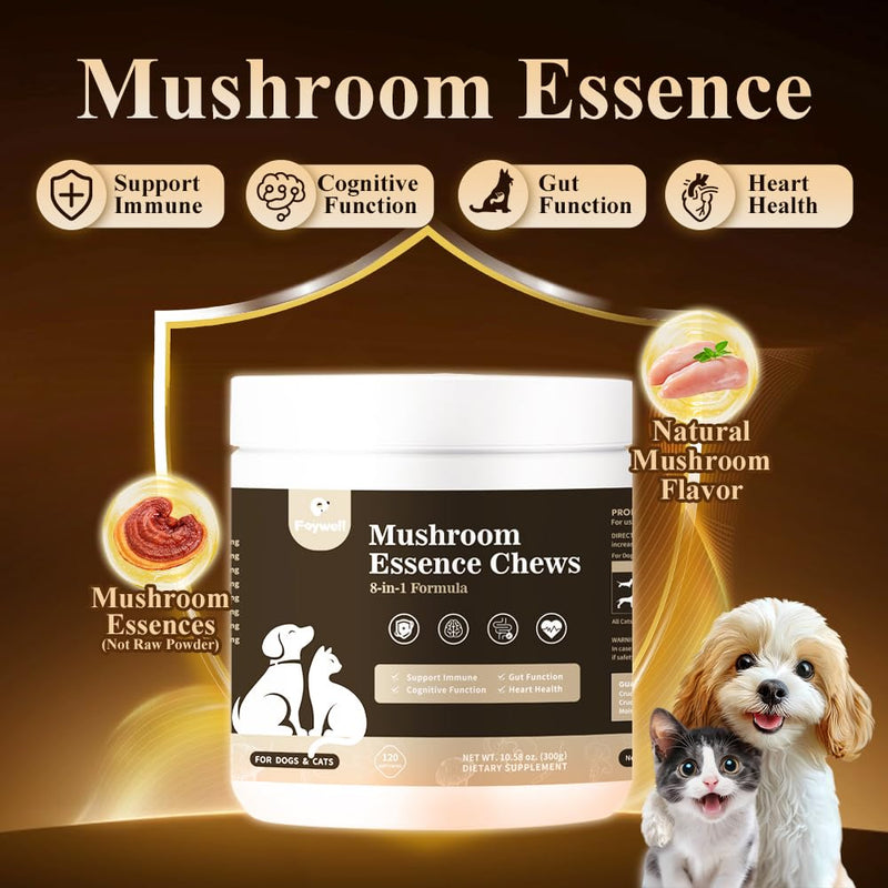 Mushroom Essence Chews Supplement for Dogs & Cats, 8-in-1 Formula for Immune, Cognitive and Heart Function, 120ct/300g