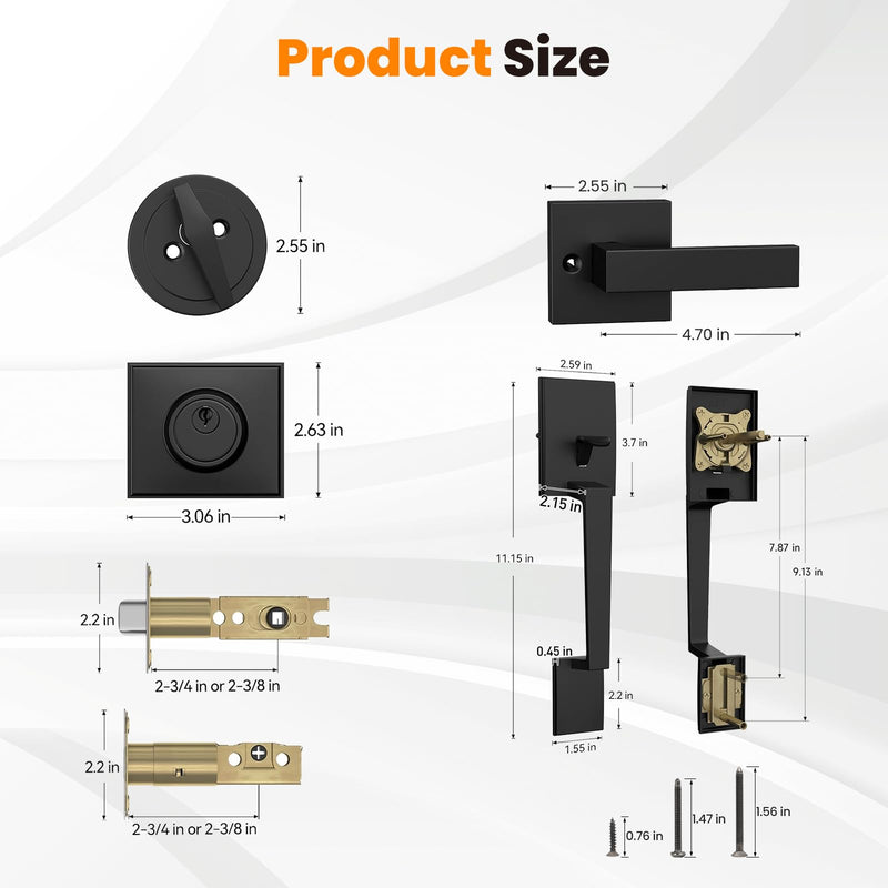 HOSOM Front Door Lock Set Black Front Door Handle with Deadbolt and Lever Set Exterior Door Handle Set with Single Cylinder Deadbolt Entry Door Locksets for Right&Left Handed, Matte Black Modern