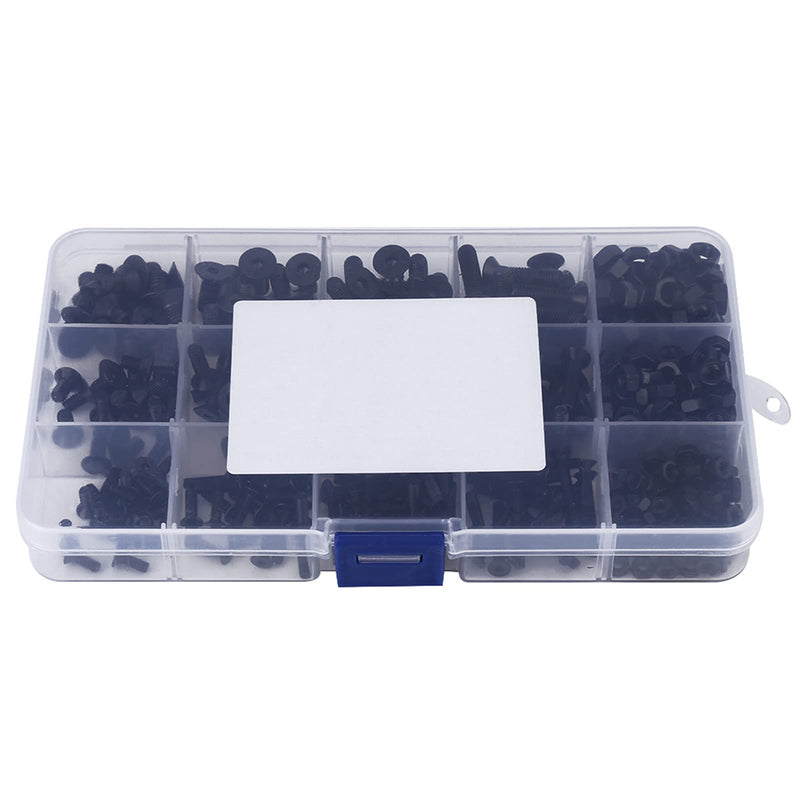 440Pcs Flat Head Bolt M3 M4 M5 Screws Alloy Steel Hex Socket Flat Head Screw Bolts and Nuts Kit with Plastic Case Black
