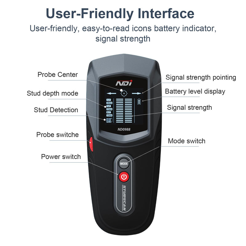 NDI ND0988 Stud Detector – Precise Wall Scanner for Wood Stud Detection with Multiple Depth Modes, Backlit LCD Display, and Audio Alerts – Ideal for Home Renovations and Installation Projects