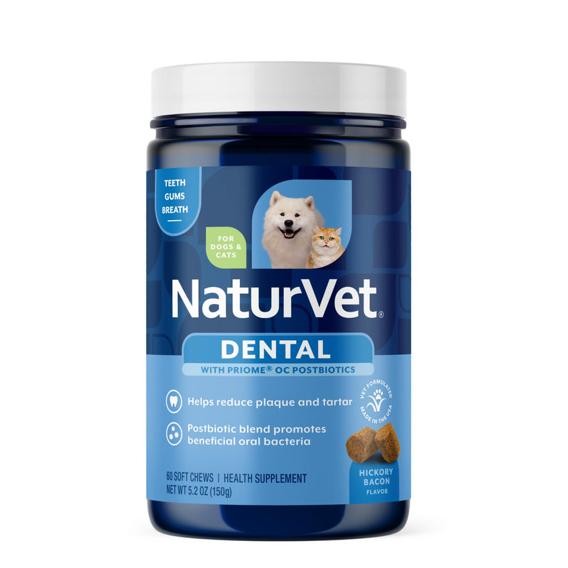 NaturVet Dental Targeted Care Supplement for Dogs and Cats, Helps Reduce Plaque & Tartar with PRIOME Postbiotics, Scandinavian Kelp & Fresh Breath Blend, 60 Hickory Bacon Soft Chews