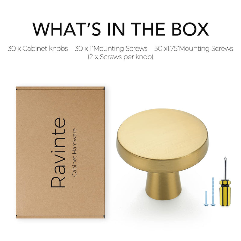Ravinte 30 Pack Solid Knobs Kitchen Cabinet Knobs Round Knobs Dresser Drawer Knobs Gold Cabinet Hardware Round Cabinet Door Knobs Drawer Knobs Brushed Brass Drawer Pulls Rustic
