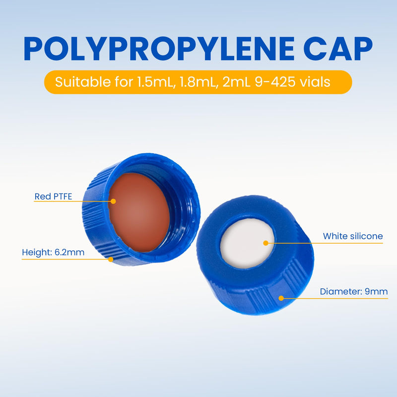ALWSCI 200PCS 9mm HPLC 2ml Autosampler Vial Caps Blue 9-425 Ribbed Screw Caps with Red PTFE&White Silicone Septa 9mm Red PTFE&White Silicone Liner