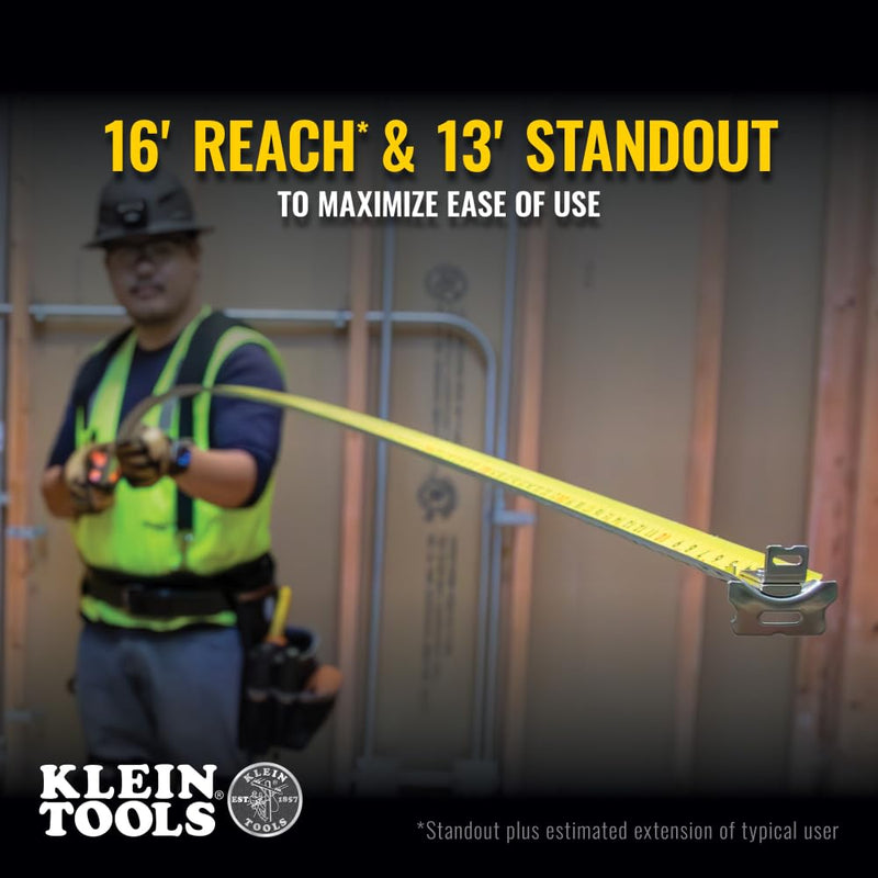 Klein Tools 9216 Tape Measure, Heavy-Duty Measuring Tape with 16-Foot Double-Hook Double-Sided Nylon Reinforced Blade, with Metal Belt Clip Magnetic Double-Hook 4.9 m