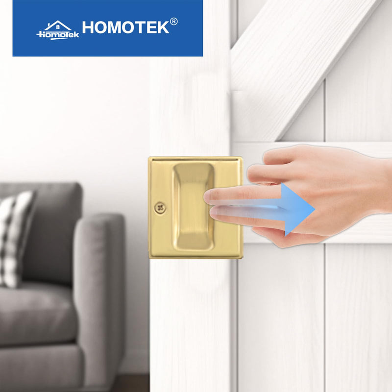 HOMOTEK Privacy Pocket Door Pull Without Switch Plate - Replace Old Or Damaged Passage Sliding Hardware No Lock Quickly and Easily, 2-3/4”x2-1/2”, for 1-3/8” Thickness Door, Brushed Brass 1 Pack No Lock-Brushed Brass