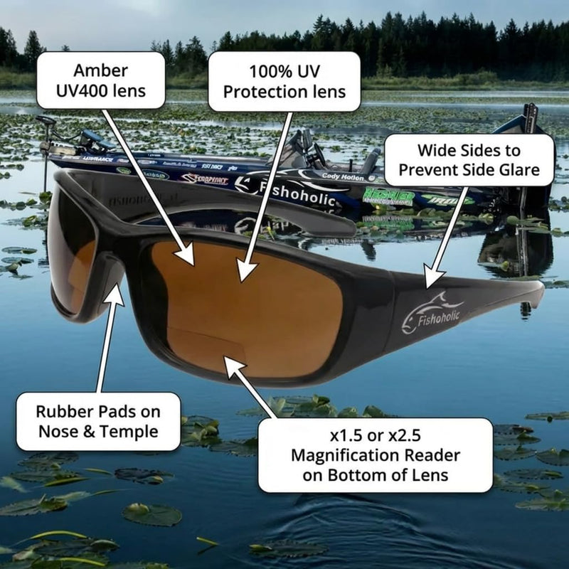 Fishoholic Polarized Bi-Focal Fishing Sunglasses with Reader Magnification (1.5x, 2.0x, 2.5x Options) and UV400 Protection Black x2.5 Amber
