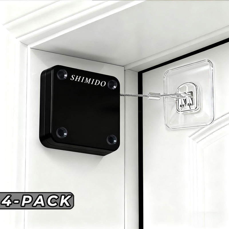 SHIMIDO Upgraded Retractable Automatic Door Closer - Tool-Free Installation, Powerful 3.5lb Pull Shuts Doors Completely - Compact Universal Fit for Screen, Sliding & Almost All Doors（4 Pack Black） 4 Pack Black