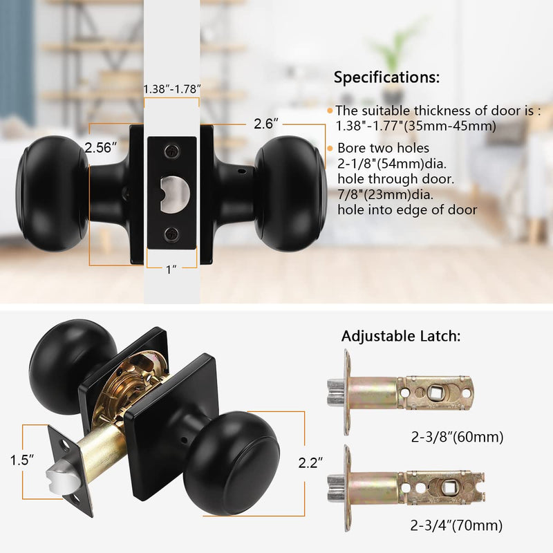 Probrico Black Passage Door Knobs Round Handles for Hall or Closet Keyless Non-Locking Interior Knobs with Square Rosette, 3 Pack