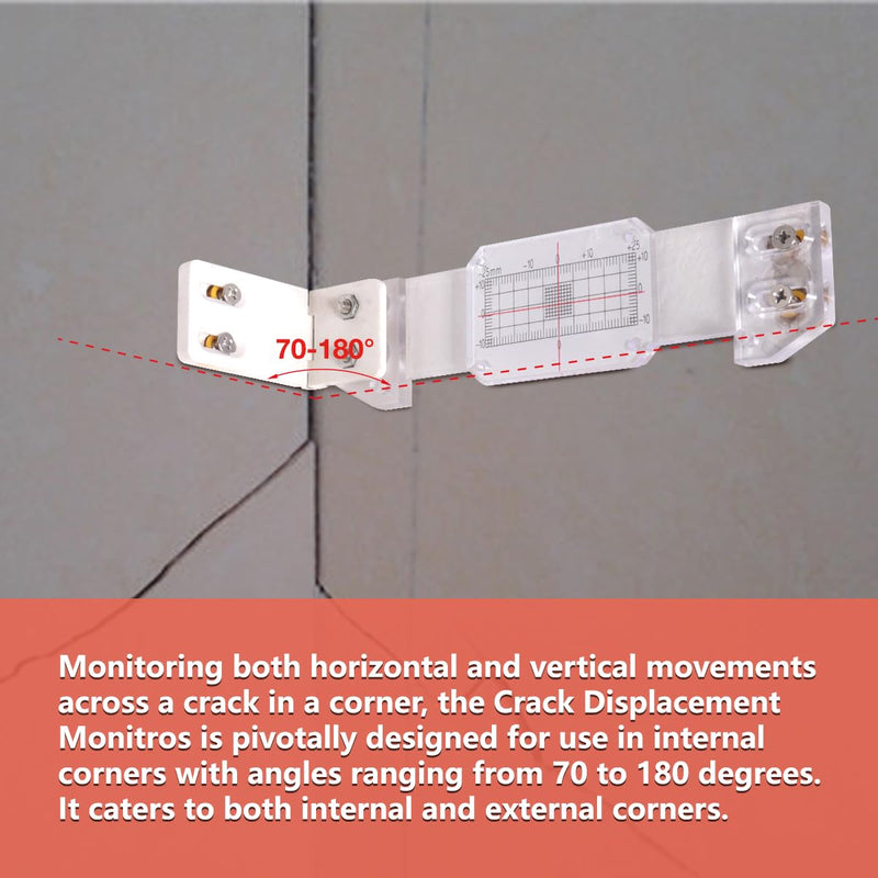 Concrete Crack Monitor, Crack Monitoring Gauge, Crack Gauge for Internal and External Corners 70-180 Degrees, Hinged Design for 2D or 3D Movement, Clear with Black Red 0 mm Graduation Marks(2 Pcs) 2
