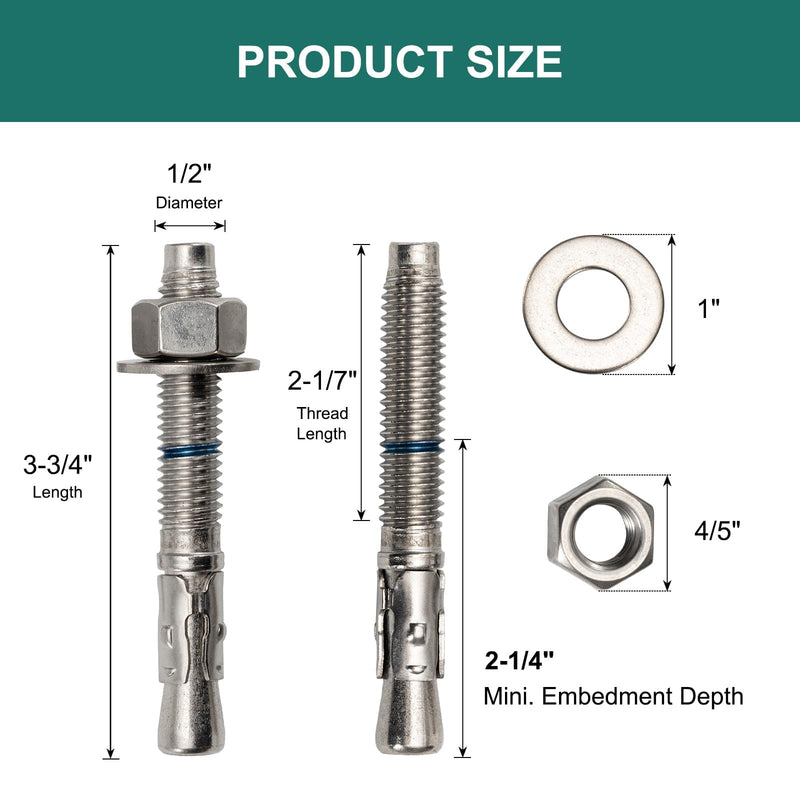 1/2" x 3-3/4" Concrete Anchors (4 Pack) 1/2 inch Wedge Anchors Bolts Stainless Steel 1/2"x3-3/4"