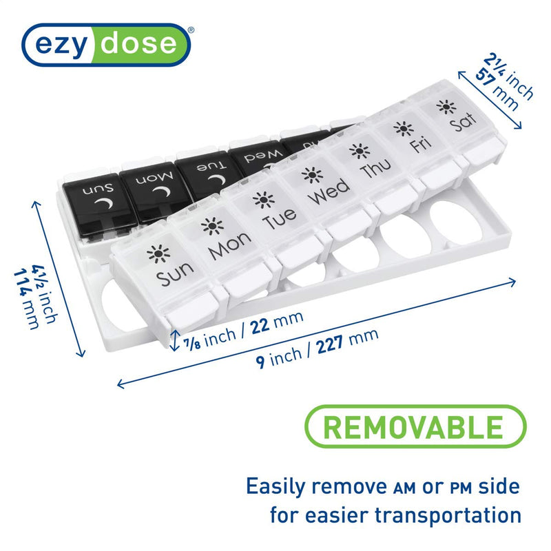 EZY DOSE Push Button (7-Day) Pill Case, Medicine Planner, Vitamin Organizer, 2 Times a Day AM/PM, Removable Trays, Large Compartments, Arthritis Friendly, Spring Open Black and White Lids, BPA Free Black/White (2x a Day) 1 Count (Pack of 1)