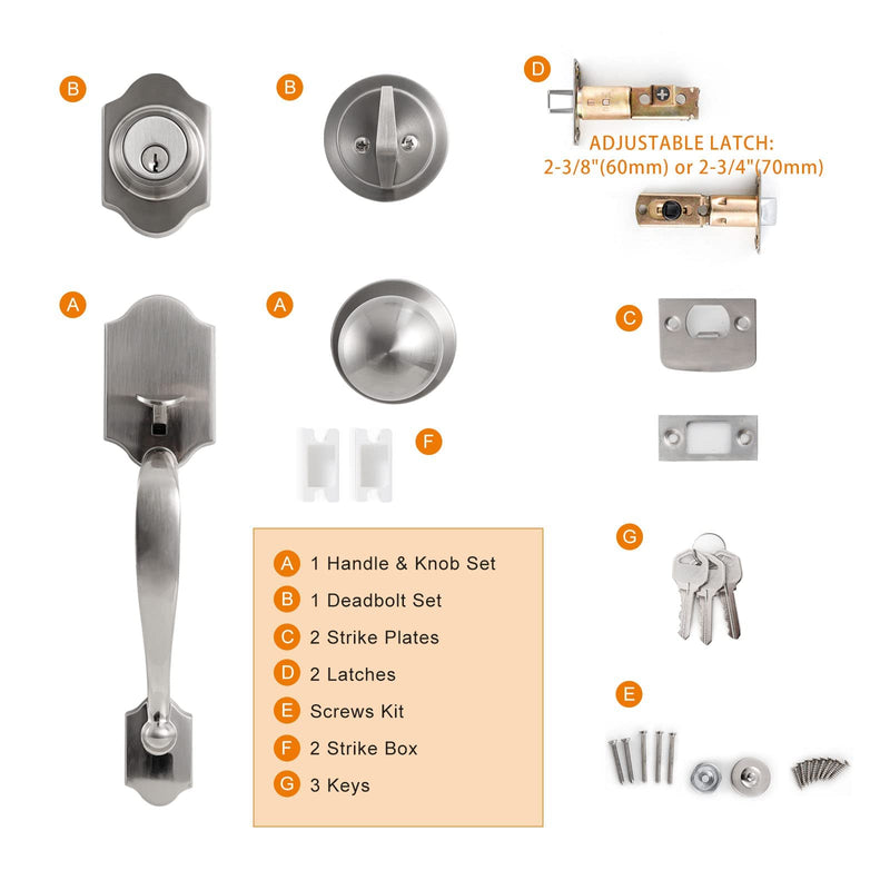 Natsukage Front Door Handle Set Heavy Duty Entry Door Lock Set Satin Nickel Entrance Handle Set with Lock, with Single Cylinder Deadbolt and Knob Handle, Reversible for Right & Left Handed Doors
