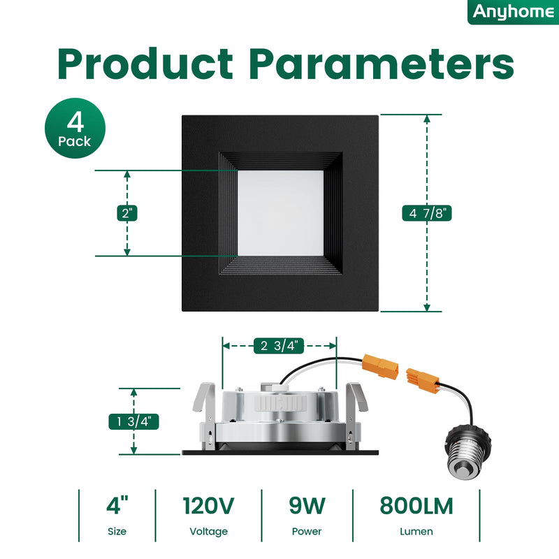 4 Inch Led Recessed Lights Square,Led Downlight Square Black,with Baffle Anti-Glare,5CCT 2700K-5000K Dimmable,9W 800LM,ETL & ES(4 Pack) 4