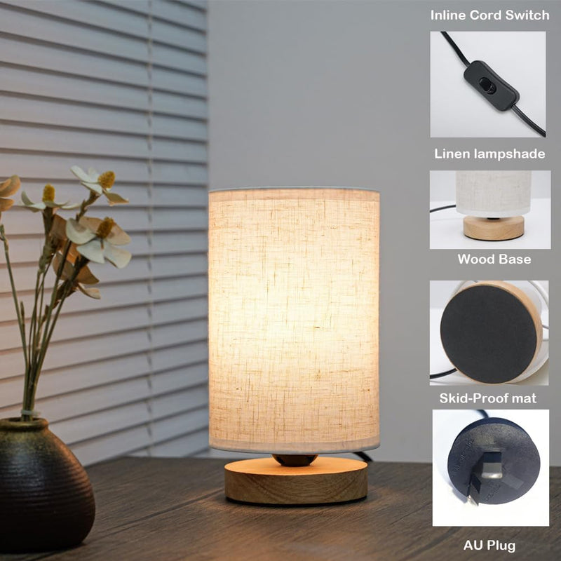 Small Bedside Night Table Lamp for Bedroom, Minimalist Nightstand Lamp with Round Fabric Linen Shade, Study Reading Desk Lamp for Kids Room, Living Room, College Dorm, Home, Office set of 1