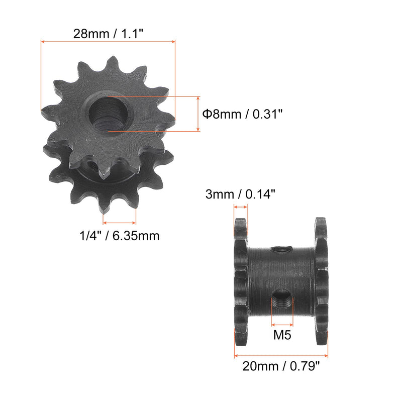 uxcell 12 Tooth #25 Chain Roller Sprocket, Double Strand 1/4" Pitch, 8mm Bore Black Oxide C45 Carbon Steel for ISO 04C Chains