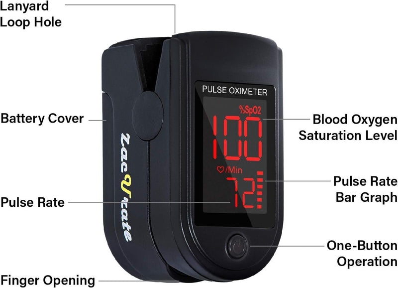 Zacurate Pro Series 500DL Fingertip Pulse Oximeter Blood Oxygen Saturation Monitor with Silicone Cover, Batteries and Lanyard (Royal Black) Royal Black - LED