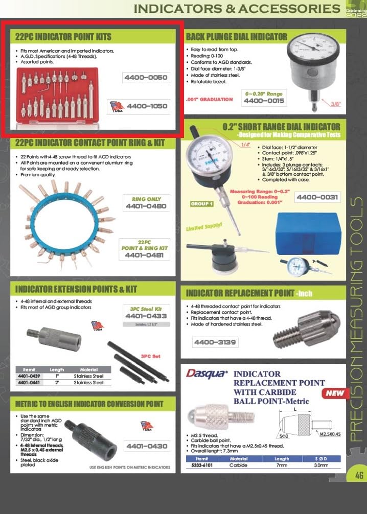 HHIP 4400-1050 22 Piece Assorted Indicator Point Kit (4-48), USA Made Kit - USA Made