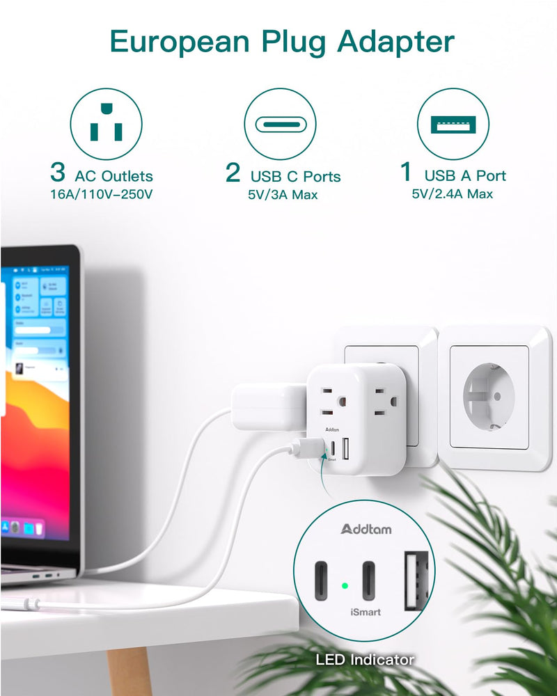 European Travel Plug Adapter, Addtam International Power Adapter with 3 Outlets 3 USB Charging Ports(2 USB C), Type C Adapter Travel Essentials to Most Europe EU Spain Italy France