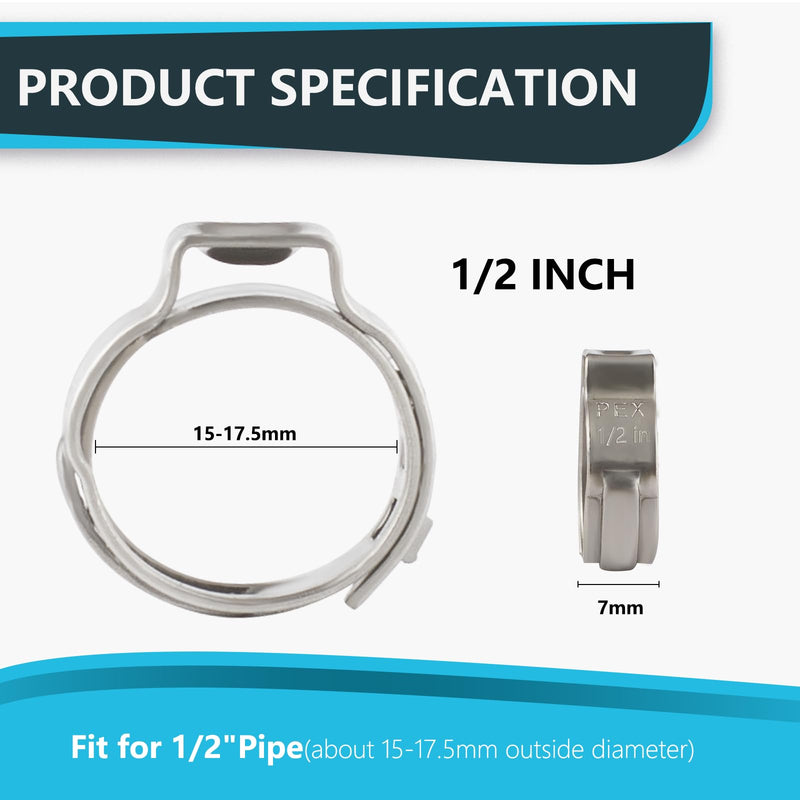 100PCs 1/2 Inch PEX Cinch Clamp Rings, 304 Stainless Steel Pex Crimp Rings for PEX Tubing, Single Ear Hose Clamps, Pipe Fitting Connections 100