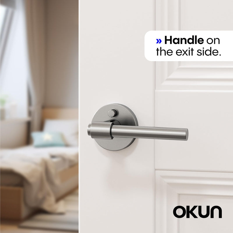Okun Zen 1-Pack Brushed Nickel Privacy Door Levers – Push Button Lock, Reversible, Sleek Concealed-Mount Design for Bedroom & Bathroom 1 Pack