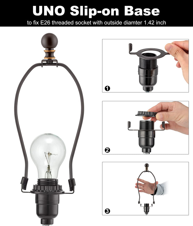 Bronze Lamp Harp with Lamp Finials - 8 Inch, 2 Set Lamp Shade Holder with 3/8 Standard Saddle, E26 Light Base UNO Fitter Adapter, Lamp Shade Harp for Table and Floor Lamps, Lamp Accessories and Parts Bronze
