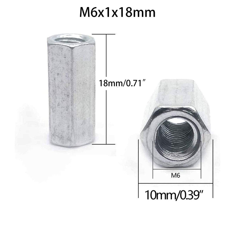10 Pcs M6 x 1 x 18mm Long Rod Coupling Hex Nut Connector Zinc Plated Joint Nut Industrial Construction Fasteners M6x1x18mm(Hex)
