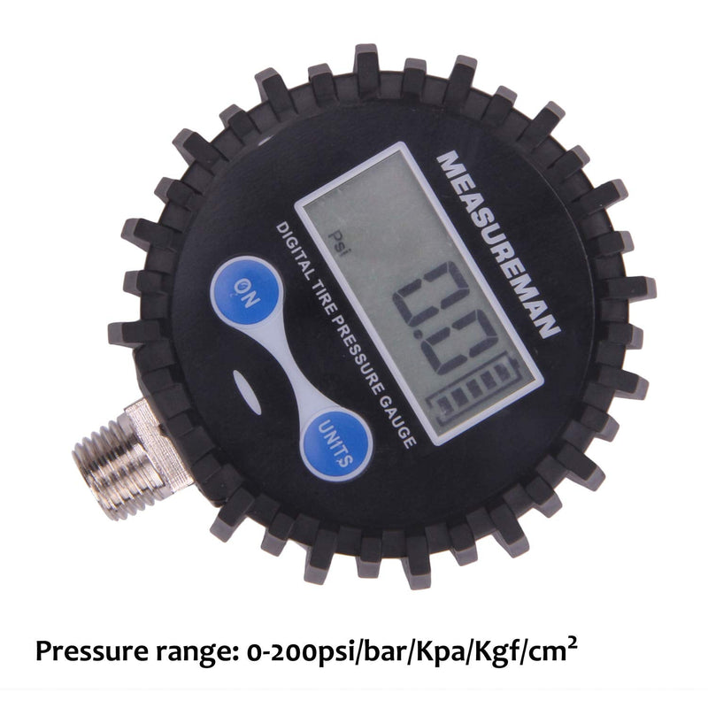 MEASUREMAN 2-1/2" Dial Size Digital Air Pressure Gauge with 1/4'' NPT Bottom Connector and Protective Boot, 0-200psi, Accuracy 1%, Battery Powered with LED Light Short thread