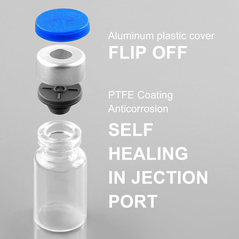2ml Sealed Vials with Self Healing Injection Port and Plastic-Aluminum Flip Caps,Glass Empty Vials for Injection 10 Pack 2ml