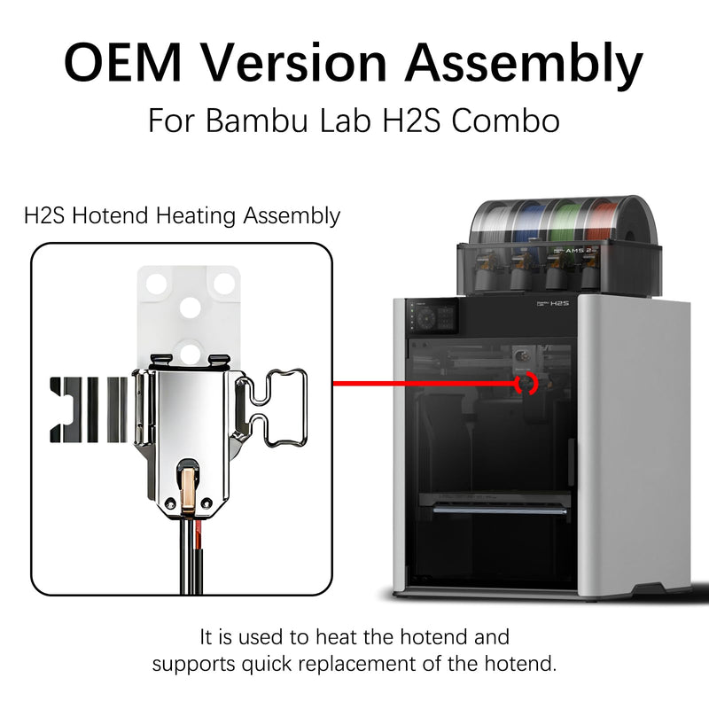 Original H2S Hotend Heating Assembly Kit for Bambu Lab H2S 3D Printer, H2S Hotend Assembly Extruder Parts Quick-Change with Heater Cartridge and Thermistor, Base Clip