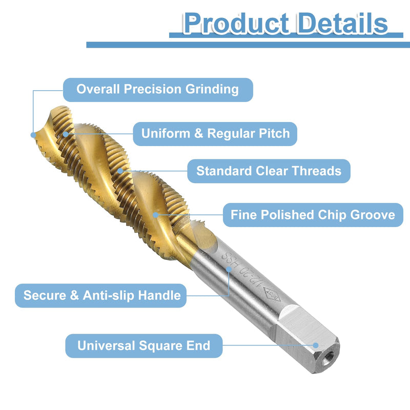 uxcell 2pcs Spiral Flute Thread Taps, 1/2-20 UNF H2 Screw Threading Tap, Titanium Coated 6542 High Speed Steel Machine Tapping Tools for Machinist Repair