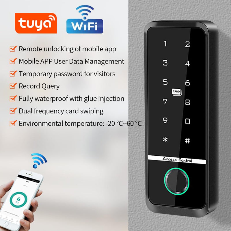 WiFi Access Control Keyboard Fingerprint Door Lock 125Khz EM+13.56Mhz MF RFID Card Reader Controler Keypad Intercom System,Smart Lock Electronic System Tuya App Control Waterproof IP67
