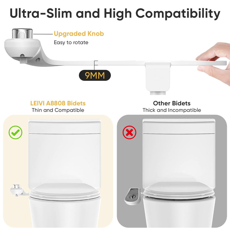 LEIVI Bidet Attachment for Toilet, Ultra-Slim Bidets for Existing Toilets with Dual Nozzle, Hygienic Toilet Bidet, Fresh Cold Water Sprayer, Adjustable Water Pressure Silver
