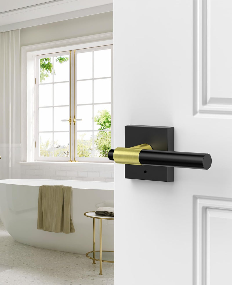 Black and Gold Door Handles Interior with Lock, Zinc Alloy Modern Privacy Lever Door Knobs Interior for Bedroom & Bathroom, Reversible for Left or Right-Handed, 1 Pack