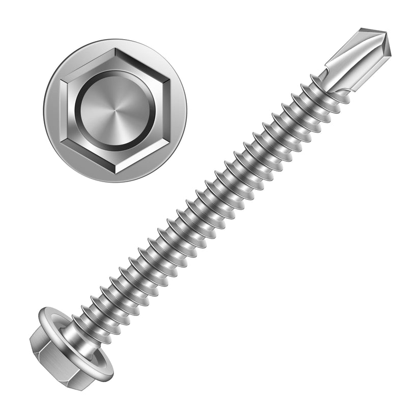#14 x 4" (3/4" to 4" Available) Hex Washer Head Self Drilling Sheet Metal Screws with Drill Point, Stainless Steel 410, 20 PCS #14 x 4"
