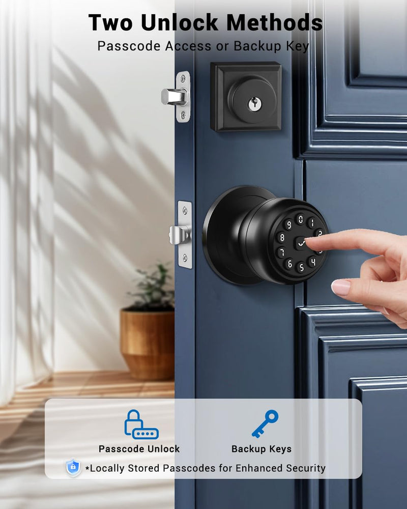 Keypad Smart Door Knob Lock, Keyless Entry Door Lock with Handle - Auto Lock for Front Door - Electrionic Code Door Lock for Bedrooms, Home Office, Garage, Apartment - Easy Installation Matte Black