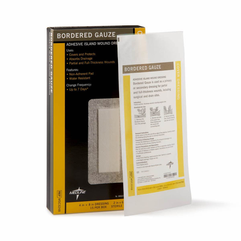 Medline Sterile Bordered Gauze, 4" x 8" with 2" x 6" Pad (Pack of 15) 4" x 8" (2" x 6" Pad)